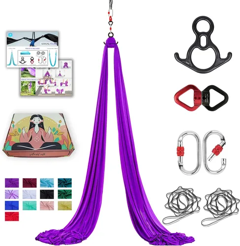 Miniatura 10 de Sedas Aéreas 10 Metros Sedas Aéreas para el Hogar Cintillo de Yoga Aéreo Hamaca de Yoga Aéreo Seda Aérea para Gimnasia Púrpura claro