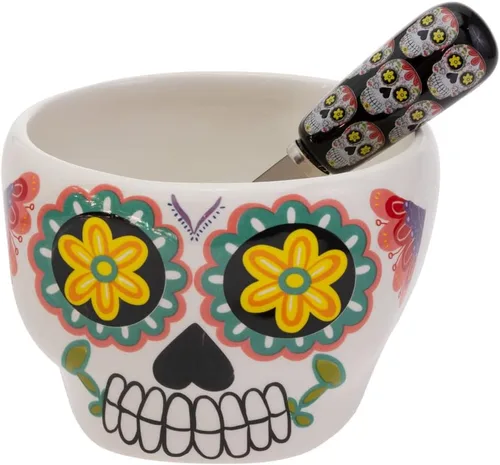 Boston International Juego de cuenco y esparcidor de cerámica con caja de regalo del Día de los Muertos, 14 onzas, No Vida Cantina