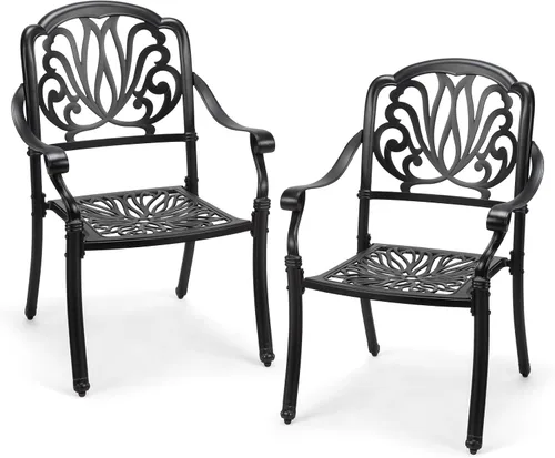 Miniatura 23 de VINGLI Juego de 2 sillas de patio apilables de aluminio fundido para exteriores con acabado negro vintage y patrón floral, sillones de metal