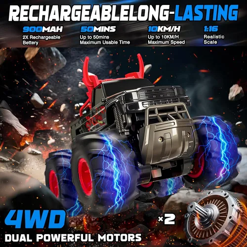 Miniatura 5 de Juguetes de Camión Monstruo Impermeable 1:16 Autos RC, Camión de Control Remoto 2.4GHz para Niños de 8,9,10,11,12 Años, 4WD Todo Terreno con Luces