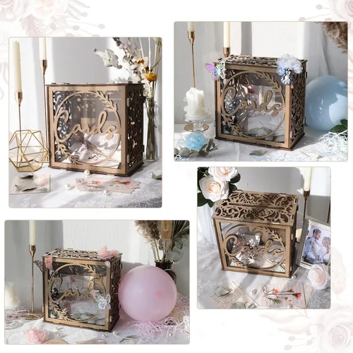 Miniatura 6 de OurWarm Caja de Tarjetas de Boda para Recepción, Cajas de Tarjetas de Boda de Madera con Ventana, Caja de Tarjetas de Regalo de Dinero con Sobre