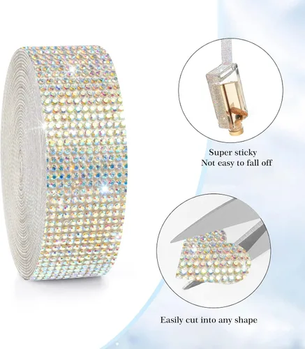Miniatura 6 de 3 rollos de 9 yardas de cinta de diamantes de imitación de cristal autoadhesiva de colores y arco iris, rollo de calcomanías de diamantes brillantes
