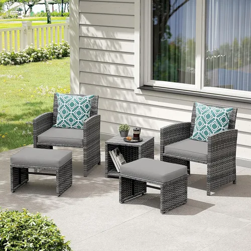 Miniatura 8 de OC Orange-Casual Juego de muebles de patio de 5 piezas, silla de conversación de mimbre para exteriores y juego de otomana con mesa de café, Gris