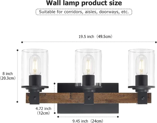 Miniatura 5 de DUJAHMLAND Lámpara de tocador de granja, lámpara de pared de madera de baño de 3 luces sobre espejo con pantalla de vidrio transparente, iluminación