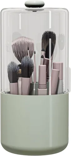 Soporte para brochas de maquillaje con cubierta a prueba de polvo, organizador de brochas de maquillaje giratorio transparente de 360 grados para