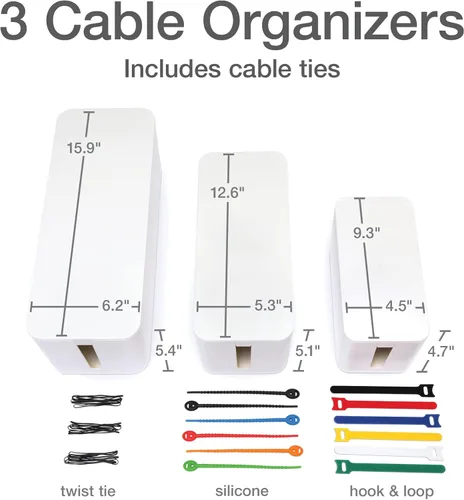 Miniatura 2 de Cajas de Gestión de Cables Oxford, 3 Pack, Pequeña, Mediana, Grande, 15 Sujetadores de Cable (Gancho y Bucle, Silicona, Torsades), Organizador