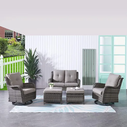 Miniatura 120 de HUMMUH Sillas Mecedoras Giratorias de Mimbre para Patio Exterior con Respaldo Alto, Sillas Deslizantes de Ratán PE, Juego de Muebles de Patio de 4