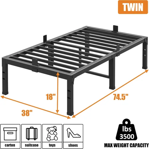 Miniatura 2 de FUIOBYVV Marcos de Cama Individual, Marco de Cama de Plataforma de Metal Resistente de 18 Pulgadas Tamaño Individual Soporta Hasta 3500 Libras, No