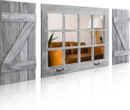 Miniatura 8 de Espejo decorativo grande para ventana, espejos de granja resistentes para decoración de pared con 12 espejos de vidrio real y dos persianas rústicas