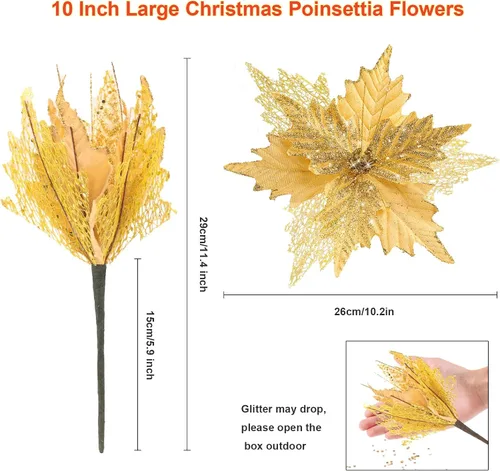 Miniatura 2 de Flores de Pascua de Navidad con purpurina de 10'' de stadeco, 10 unidades, adornos de árbol de Navidad con flores artificiales con tallos largos