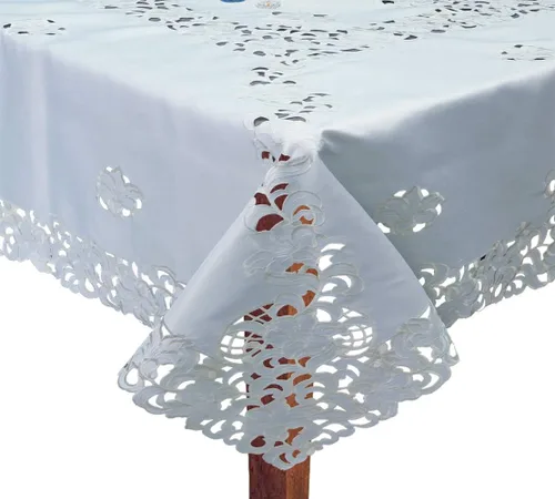 Miniatura 3 de Creative Linens Mantel floral bordado redondo de 68 pulgadas con 8 servilletas color blanco
