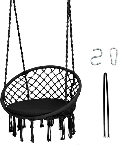 Miniatura 9 de Tangkula Silla hamaca con cojín, estilo bohemio de macramé con kit de accesorios para colgar y correa, columpio de cuerda colgante para interiores
