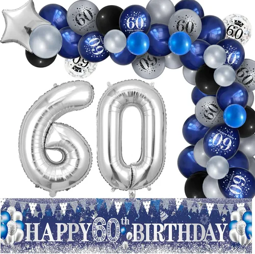 Decoraciones de fiesta de cumpleaños 60, azul marino, plateado, pancarta de feliz cumpleaños 60 con 61 globos de látex, globos de aluminio con el