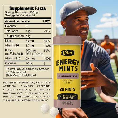 Miniatura 7 de Viter Energy Mentas con Cafeína 40mg de Cafeína, Vitaminas B, Sin Azúcar. (Menta Chocolate, 20 piezas, Paquete de 6)