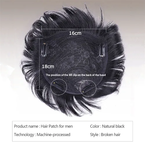 Miniatura 3 de Pelo corto para hombre, cabello humano real, clip en piezas de cabello para cubrir la pérdida de cabello blanco, tupé de 6.3x7.1 in, hecho a mano