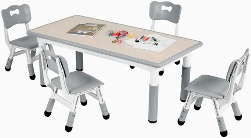 Miniatura 8 de Arlopu Mesa y 4 sillas para niños, juego de escritorio y sillas para niños pequeños de altura ajustable, patas antideslizantes, escritorio de Beige