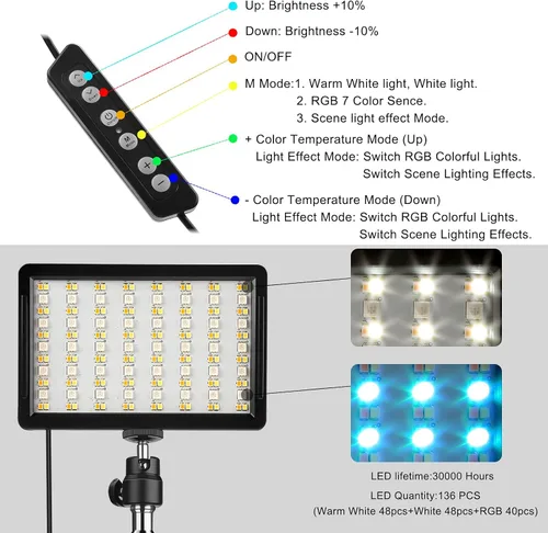 Miniatura 4 de Paquete de 2 luces LED RGB para video con soporte de trípode ajustable/filtros blancos, kit de iluminación de videoconferencia USB regulable de 2500