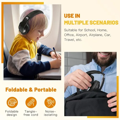 Miniatura 4 de RockPapa Comfort Audífonos para la escuela, ligeros, para niños, niñas, adolescentes, con cable de 3.5 mm para reproductor de CD y DVD, tablet, Negro