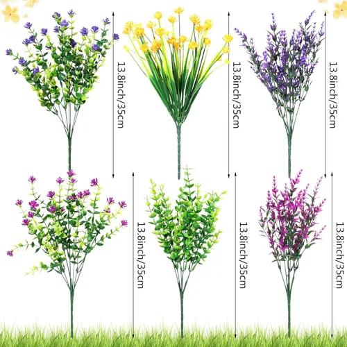 Miniatura 2 de Hoteam 48 paquetes de flores artificiales de plástico para exteriores, flores de boj de plástico, arbustos de plástico para patio, porche, jardín