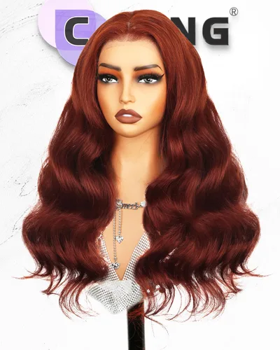 Miniatura 2 de CLong - Peluca de cabello humano ondulado en tono castaño rojizo 33B, malla frontal, prearrancada, densidad del 200%, 71 centímetros de largo, 13x4