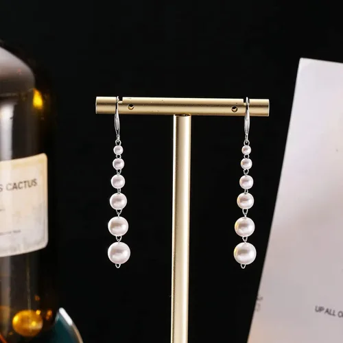 Miniatura 6 de Aretes largos de perlas para mujer, chapados en oro de 14 quilates, aretes colgantes de borla de plata de ley con poste de perlas largas para baile