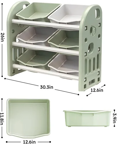 Miniatura 2 de Organizador de almacenamiento de juguetes para niños, estantes de 3 niveles, organizador de almacenamiento multifuncional para niños con 6 Verde