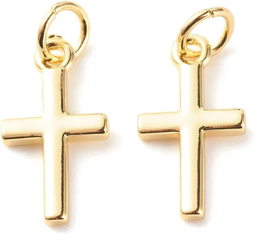 KitBeads 10 dijes de cruz chapados en oro real de 18 quilates de latón con dije colgante de Jesús, mini colgantes de crucifijo de Cristo para hacer