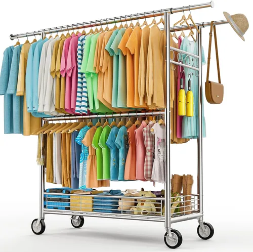 Miniatura 11 de Perchero de ropa resistente con carga de 860 libras, estantes de ropa rodantes de doble barra para colgar ropa, estante de ropa rodante con estantes