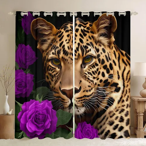 Miniatura 27 de Erosebridal Cortinas de Rosas Rojas 3D Tratamientos para Ventanas de Guepardo, Paneles de Cortinas con Estampado de Gato Leopardo para Sala