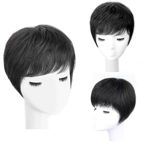 Miniatura 8 de Toppers de cabello humano con clip y flequillo, extensiones de cabello para mujeres con cabello delgado, 5.9 x 6.3 pulgadas, lacio, color marrón