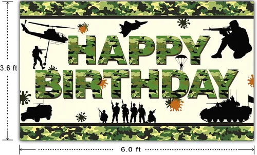 Miniatura 2 de Cartel de feliz cumpleaños de camuflaje de 6 x 3.6 pies, telón de fondo de cumpleaños de camuflaje militar, decoraciones de fiesta temática de Perro