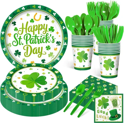 Juego de 168 piezas de vajilla de papel del día de San Patricio, platos y servilletas de trébol verde de la suerte, tazas, cuchillo, tenedor y