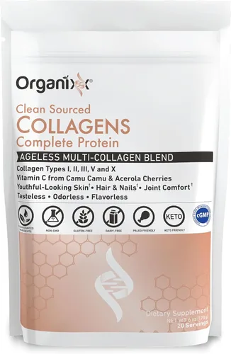 Polvo de péptidos de colágeno Organixx con vitamina C, tipos I, II, III, V, X de colágeno hidrolizado, para la salud del cabello, uñas, piel, huesos