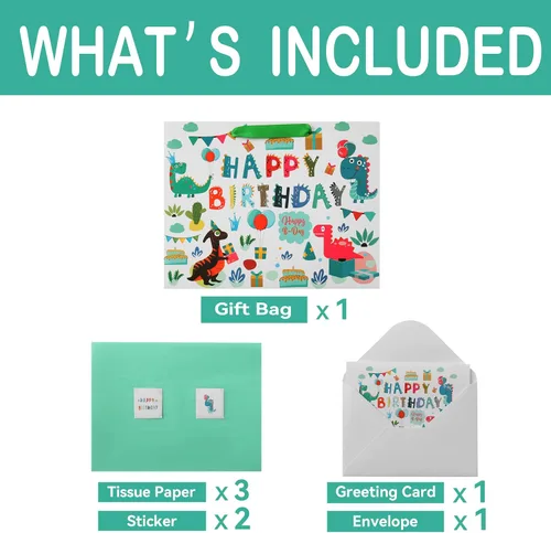 Miniatura 3 de Qirrmiy Juego de bolsas de regalo grandes de 13 pulgadas con tarjeta de felicitación y papel de seda (diseño de dinosaurio verde y feliz cumpleaños)