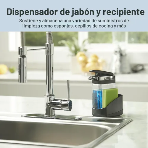 Miniatura 2 de Casabella Sink Sider Solo Dispensador de Jabón de Cocina y Organizador de Esponja, Negro/Cromo - Organizador 2 en 1 de Jabón y Esponja, Dispensación