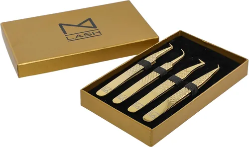Miniatura 5 de M LASH - Pinzas para extensiones de pestañas (juego de 4), pinzas profesionales para extensiones de pestañas, punta de fibra, acero japonés, juego