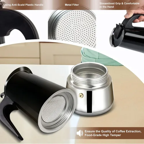 Miniatura 7 de Estufa de 2 tazas de acero inoxidable, cafetera italiana, capacidad para café moca, cocina clásica de inducción para el hogar y campamento, 3.3