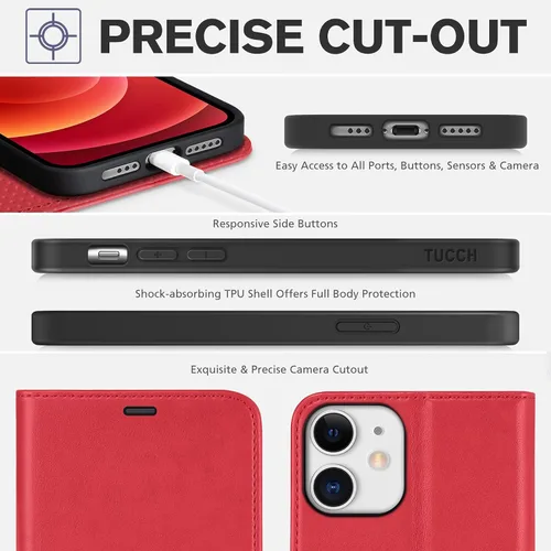 Miniatura 8 de TUCCH Funda tipo cartera para iPhone 12 Pro/12 5G, ranuras para tarjetas con bloqueo RFID, soporte [Funda interior a prueba de golpes de TPU], funda