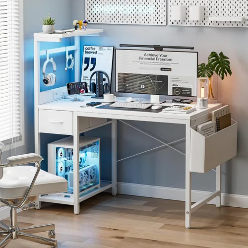 Miniatura 2 de Grandder - Escritorio de juegos de 40 pulgadas con toma de corriente y luz LED, escritorio para computadora con estantes reversibles y cajón