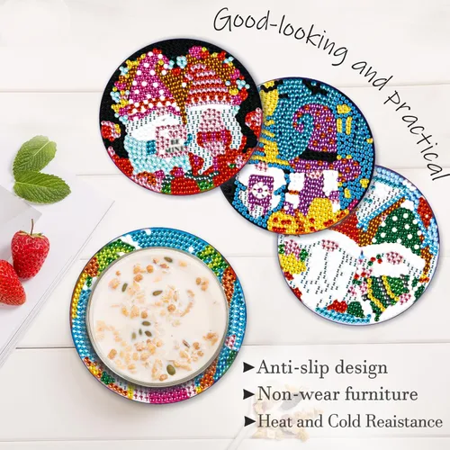 Miniatura 6 de Kit de 8 posavasos de pintura de diamante con soporte, posavasos de gnomo 5D de diamante, manualidades de arte de diamante, posavasos de diamante 8