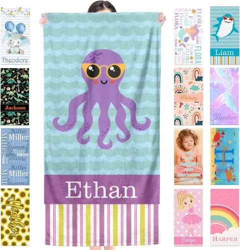 Miniatura 35 de Toalla de playa personalizada para niños, toallas de playa personalizadas de poliéster de secado rápido con nombres para niñas y niños, 30 x 60