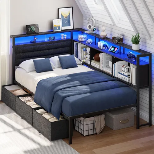OURPIC Marco de cama esquinero con estantería de almacenamiento y luces LED, marcos de cama de tamaño individual con cabecera tapizada y estación de