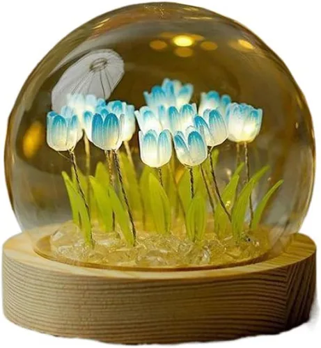 Miniatura 8 de Luz nocturna de tulipanes de bola de cristal, lámpara de noche de flores de bola de vidrio con base de madera, regalos de tulipanes para mujeres