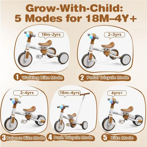 Miniatura 4 de Ridego - Triciclo 5 en 1 para niños pequeños de 2 a 5 años, bicicleta de equilibrio para niños y bicicleta de empuje para niños pequeños con mango