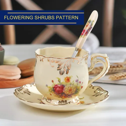 Miniatura 6 de YOLIFE Juego de taza de té y platillo, juego de taza de té de 8 oz, taza de té, taza de té de cerámica con platillo y cuchara, arbustos florecidos