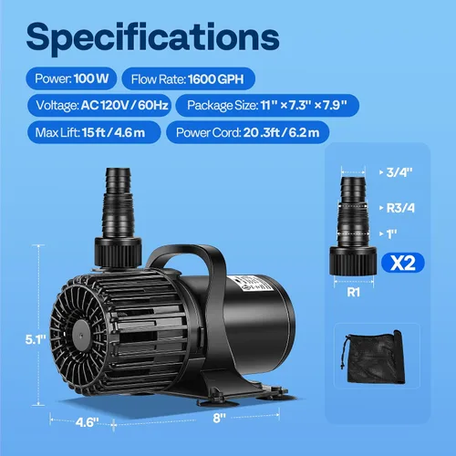 Miniatura 6 de VIVOHOME - Bomba de agua sumergible eléctrica de 100W y 1600GPH para estanque de koi, piscina, cascada, fuentes, pecera y acuario