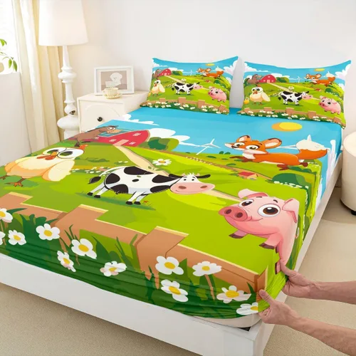 Miniatura 4 de Feelyou Juego de sábanas bajeras de animales de dibujos animados para niños, tamaño individual para niños y niñas, juego de sábanas Happy Farm