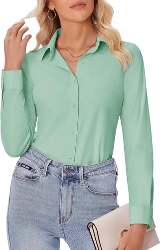 Miniatura 28 de siliteelon Camisas con botones para mujer, ajustadas, de manga larga, elásticas, de vestir, camisas de trabajo, sin arrugas, blusas de oficina