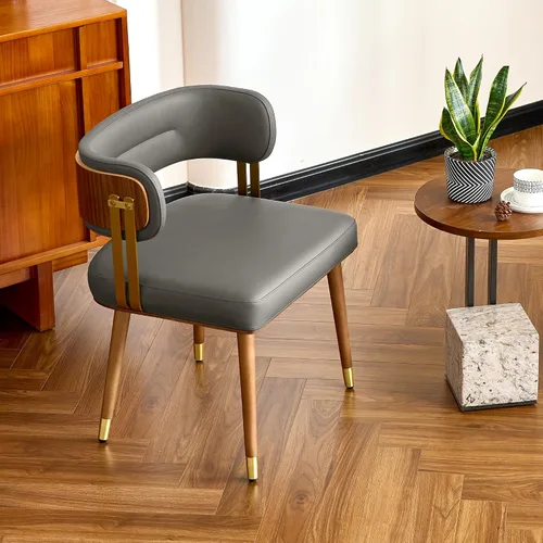 Miniatura 2 de ARTPLAN Silla de comedor moderna de mediados de siglo, sillas de cocina tapizadas de cuero con chapa de madera de nogal y patas de metal dorado, Gris