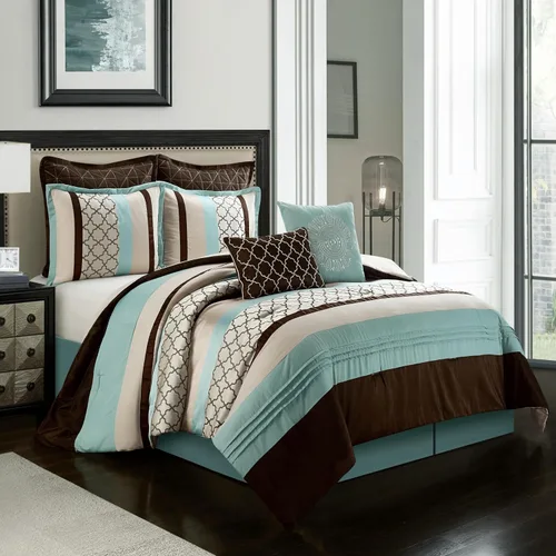 Grand Avenue Juego de edredón tamaño Queen color marrón aguamarina, ropa de cama jacquard de 8 piezas con sábanas, ropa de cama bordada ultrasuave y